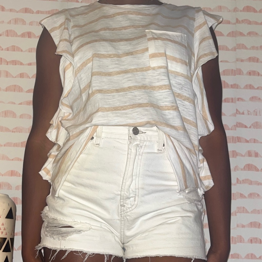Tan and white horizontally striped Evelyn ruffle top